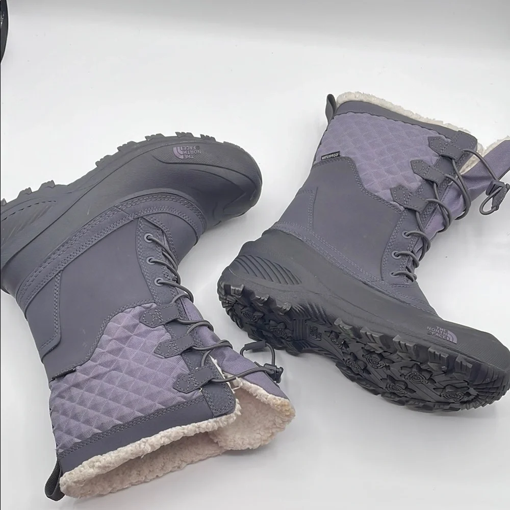 The North Face Gray Purple Winter Boots Waterproof Faux Fur Big Kid Size 5 Warm - Picture 11 of 16